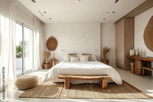 House interior backdrop, warm white bedroom with brilliant furnishings natural wooden tables, contemporary style. Generative AI © Visual Vortex