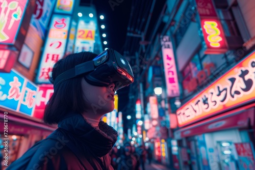 A young woman immerses herself in a virtual reality simulation wearing VR - headset, standing amidst the vibrant neon signs of a bustling city at night.