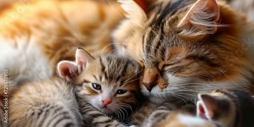Close-up of a mother cat nursing her kittens, Generative AI © Visual Vortex