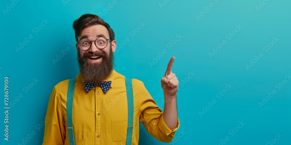man with glasses raises his index finger up idea amazement Generative AI - obrazy, fototapety, plakaty 