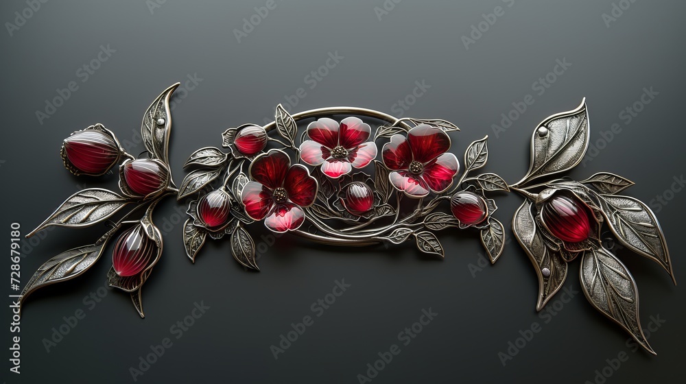 Fototapeta premium Flowers and leaves made in glass and silver in a Art Nouveau pattern.