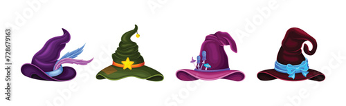 Witch Pointed Hat with Belt as Masquerade Costume Accessory Vector Set