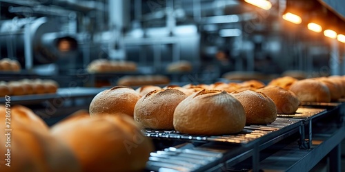 Bakery factory with bread made by automated production line, Generative AI