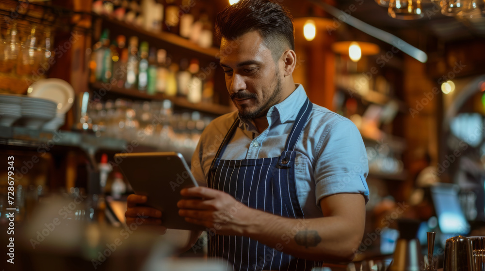 focused bearded man in a blue striped apron using a tablet in a bar setting - obrazy, fototapety, plakaty 