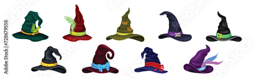 Witch Pointed Hat with Belt as Masquerade Costume Accessory Vector Set