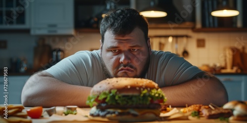 overweight man looking at a hamburger Generative AI photo