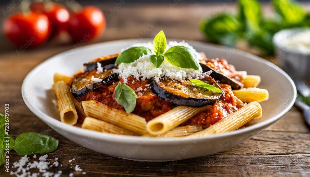 pasta alla norma delicious sicilian pasta dish with roasted eggplant marinara tomato sauce grated ricotta and fresh basil