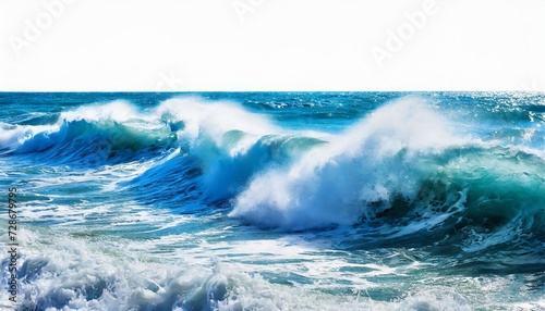 powerful sea blue waves with white foam isolated on a white background