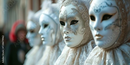 White masks held in the streets of Venice during the Carnival, Generative AI © Visual Vortex
