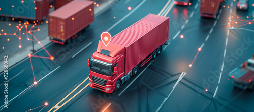 Gps tracking from top view moving truck with container on a map photo