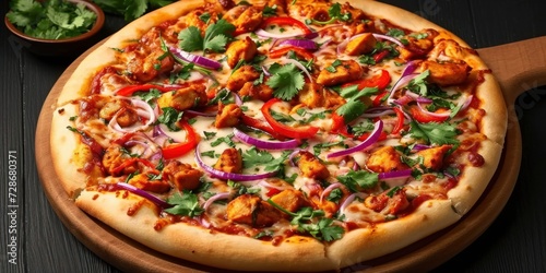 Tasty pizza with butter chicken and toppings of red pepper, red onion and cilantro, Generative AI