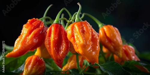 Almost ripe Bhut Jolokia or Ghost Chili, specialty peppers from Assam, North India, ready for harvest, Generative AI