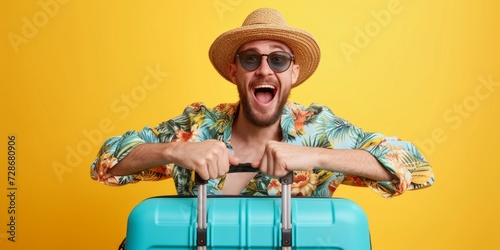 man with suitcase and hat on yellow background Generative AI