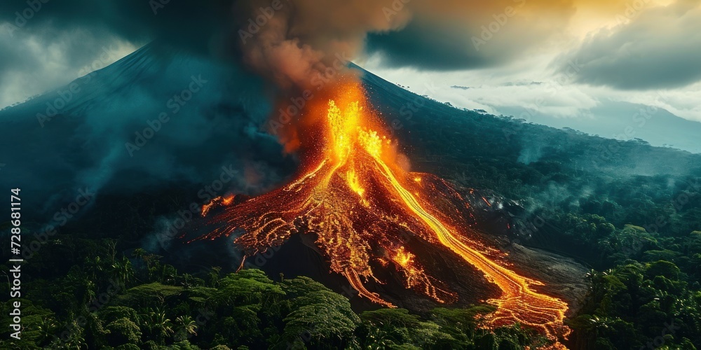 Volcanic eruption in Costa Rica, surrounded by rainforest, Generative AI