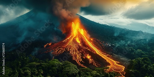 Volcanic eruption in Costa Rica, surrounded by rainforest, Generative AI