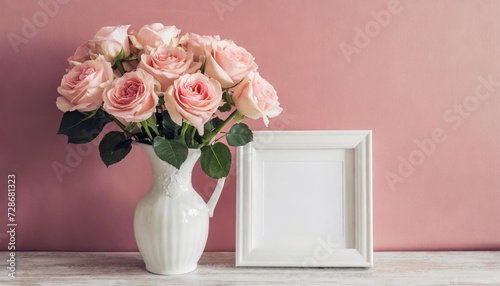 simple square white photo frame mockup with bouquet of roses in vase in a pink pastel wall background
