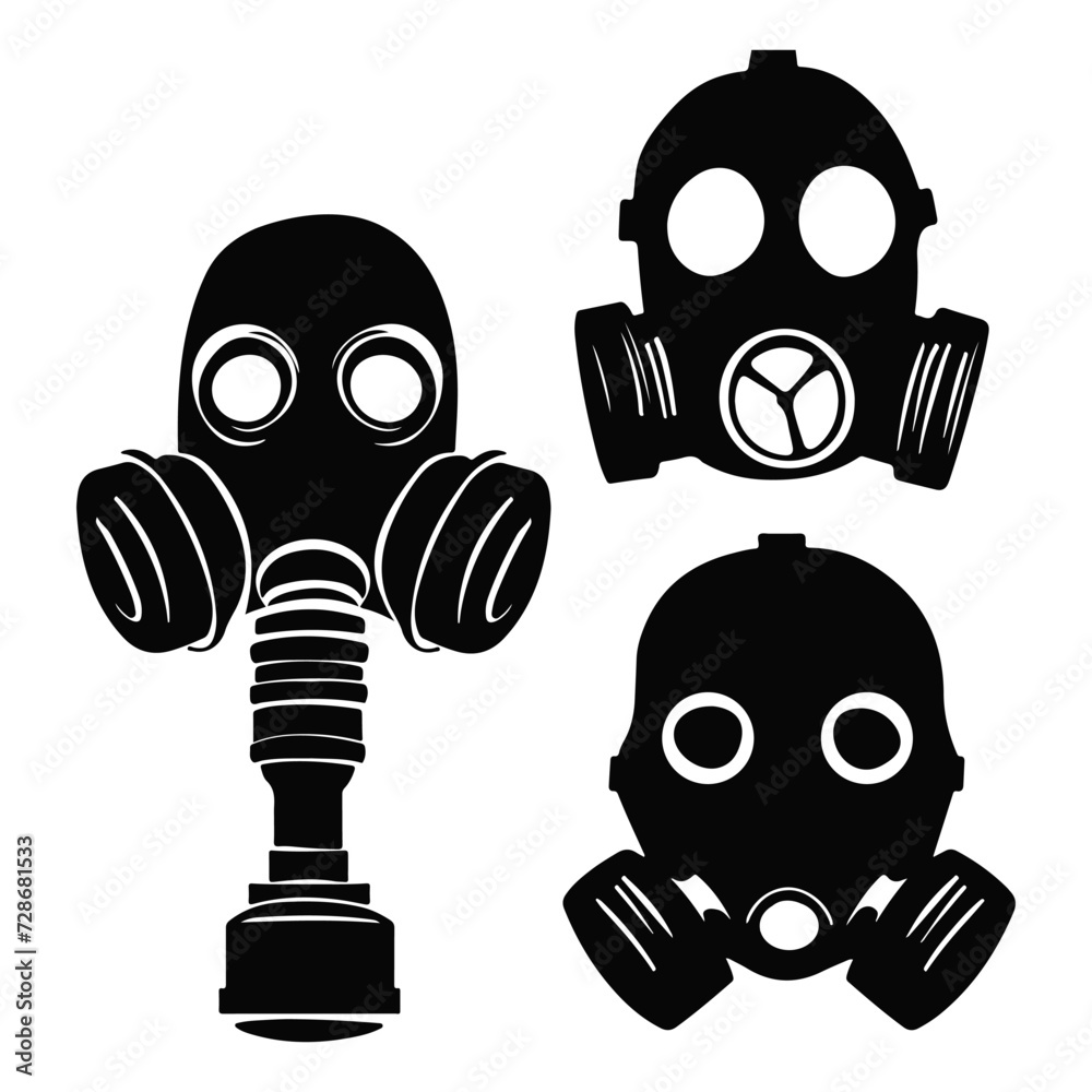 Respirator gas mask silhouette set. Protective mask hand made vector illustration Respirator gas mask silhouette set. Protective mask hand made vector illustration