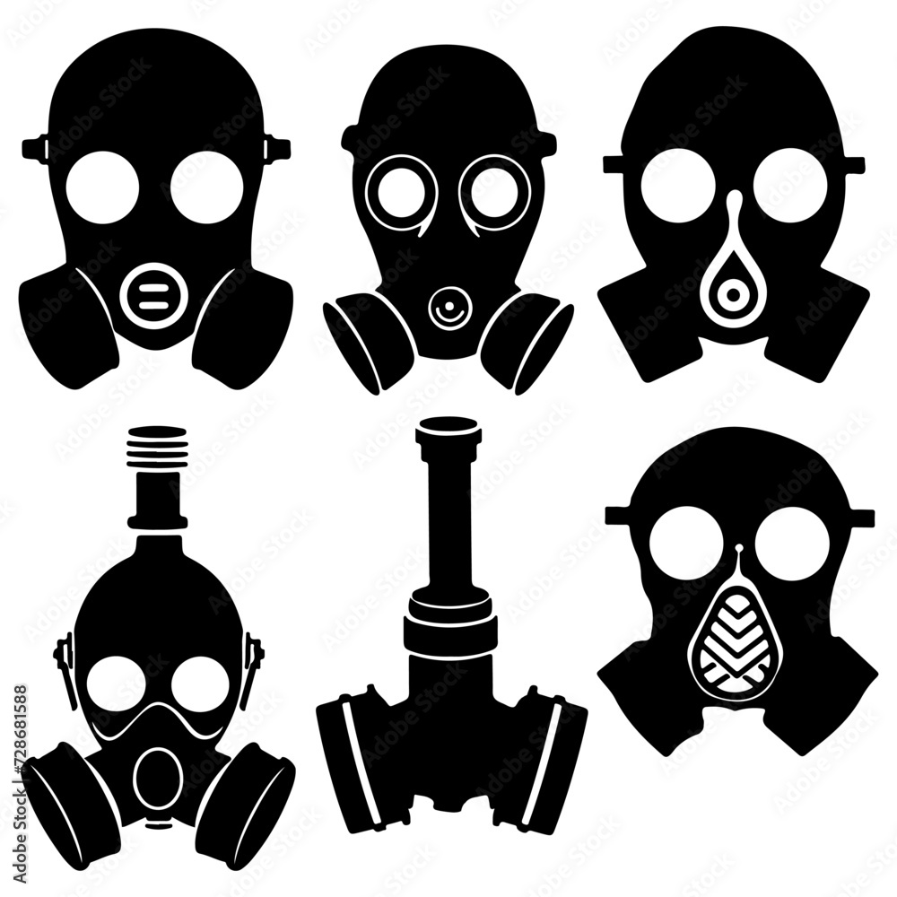 Respirator gas mask silhouette set. Protective mask hand made vector illustration Respirator gas mask silhouette set. Protective mask hand made vector illustration