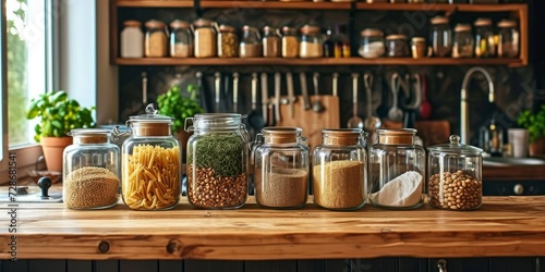 Eco-friendly kitchen with sustainable home grocery storage and zero plastic house, featuring glass jars filled with grains, pasta, nuts, and sugar on the kitchen, Generative AI