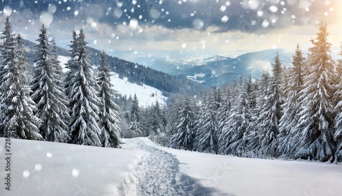 winter landscape of mountains with of fir tree forest in snow with path during snowfall carpathian mountains