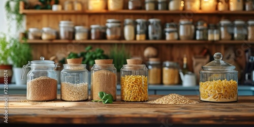 Eco friendly kitchen with sustainable home grocery storage and zero plastic house, featuring glass jars filled with grains, pasta, nuts, and sugar on the kitchen table, Generative AI
