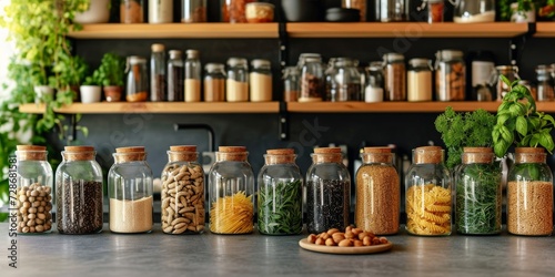 Eco friendly kitchen with sustainable home grocery storage and zero plastic house, featuring glass jars filled with grains, pasta, nuts, and sugar on the kitchen table, Generative AI