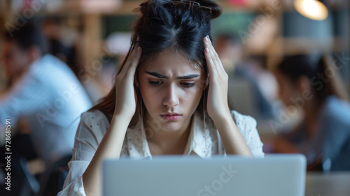 stressed young woman with her hands on her head is looking at a laptop screen with a worried expression, possibly dealing with a problem or challenging work