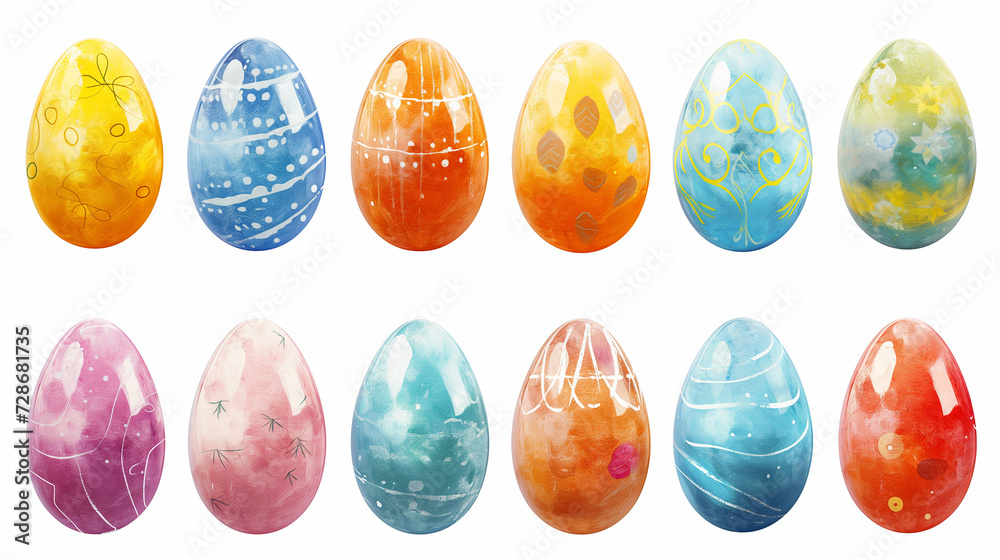 Rows of glossy colorful Easter eggs on a white background as a watercolor illustration