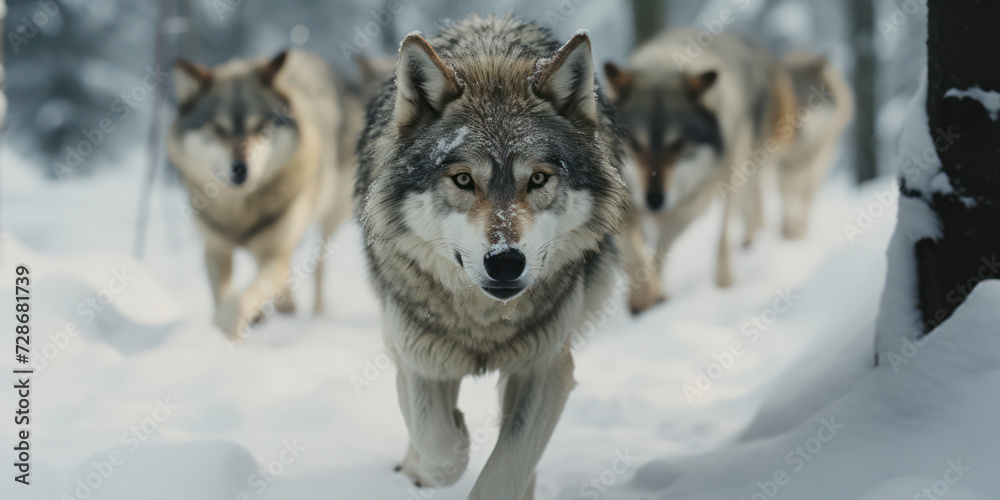 Watchful Eyes in the Winter Forest: A Majestic Grey Wolf, the Fierce Alpha Predator, Staring Intensely