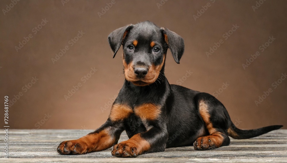 little puppy on brown background sits and looks into the camera funny doberman
