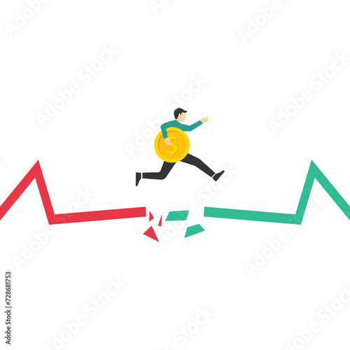 Protect your funds from stock market or cryptocurrency volatility. Economic crisis or inflation. Up and down volatility graphs. Businessman riding a unicycle on a stock chart. flat vector illustration