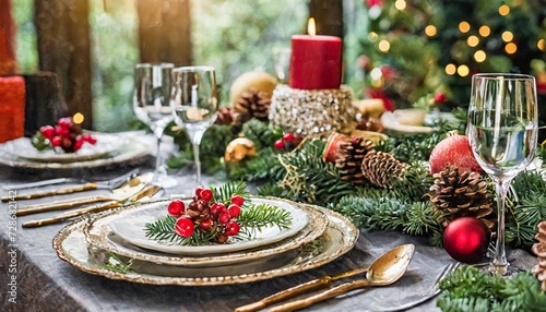 christmas table scape elegant formal dinner table setting tablescape with holiday decoration for party event celebration