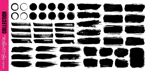 Set of paint brush stroke, ink splash, grunge texture, frame, banner and grungy watercolor ornament for social media. Black torn or rip paper and brushstroke as decoration element. Vector paint brush.