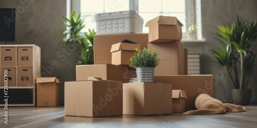unpacked boxes in a new apartment Generative AI © Valentine