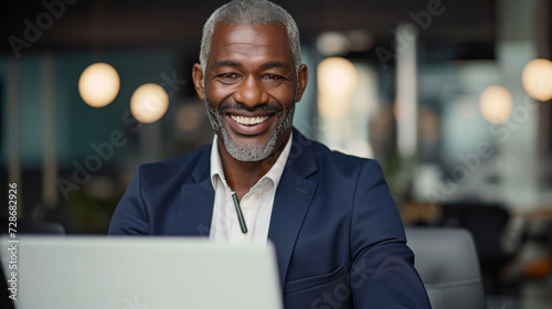 professional middle-aged man sitting at a desk with a laptop