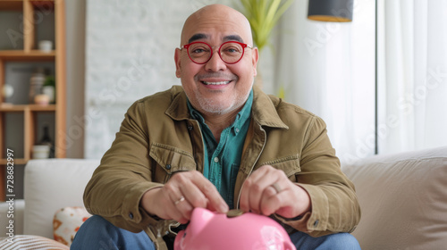 cheerful middle-aged man with glasses, inserting a coin into a pink piggy bank, symbolizing savings or investment, in a cozy home setting