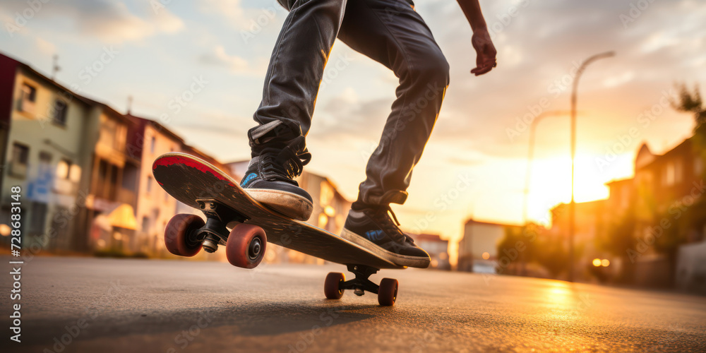 Fototapeta premium Dynamic Urban Skateboarding: Young Skater Practice Action on Street with Sunlight and City Silhouette