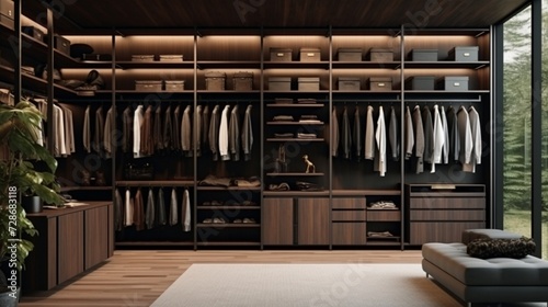 Luxury Organization  Modern Dark Wooden Walk-In Wardrobe with Ample Storage     Elevate Your Space with Sleek Interior Design for a Luxury Walk-In Closet