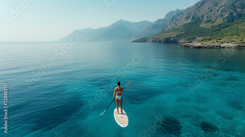 Beautiful fitted woman float on sup board at the blue sea