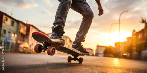 Dynamic Urban Skateboarding: Young Skater Practice Action on Street with Sunlight and City Silhouette