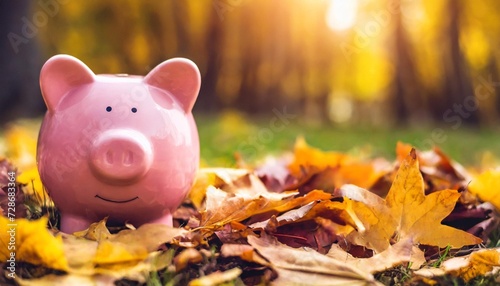 pink piggy bank in autumn leaves on the ground banking concept in autumn time banner