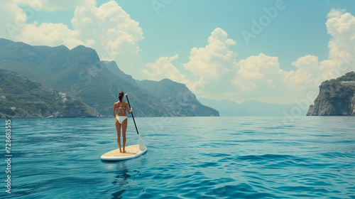 Beautiful fitted woman float on sup board at the blue sea © Maxim Sokolov