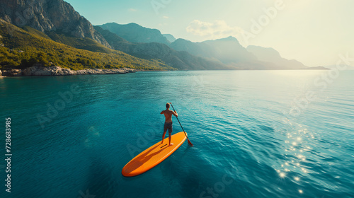 Beautiful fitted man float on sup board at the blue sea © Maxim Sokolov