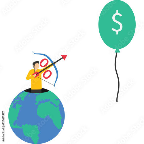 Businessman try to keep inflation balloons from rising. World inflation bubble or risks of the global economy.
