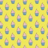 Muffin seamless pattern, illustration in doodle style for valentines day, stationery, greeting cards, wrapping and textile design, food design etc.