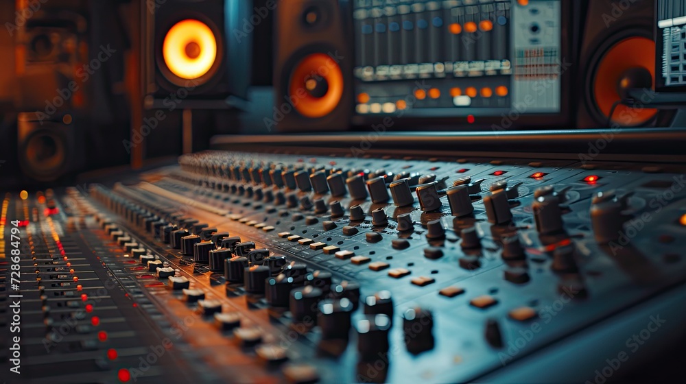 close up sound studio scene. Audio mixing console in a streaming, live broadcast, or recording session