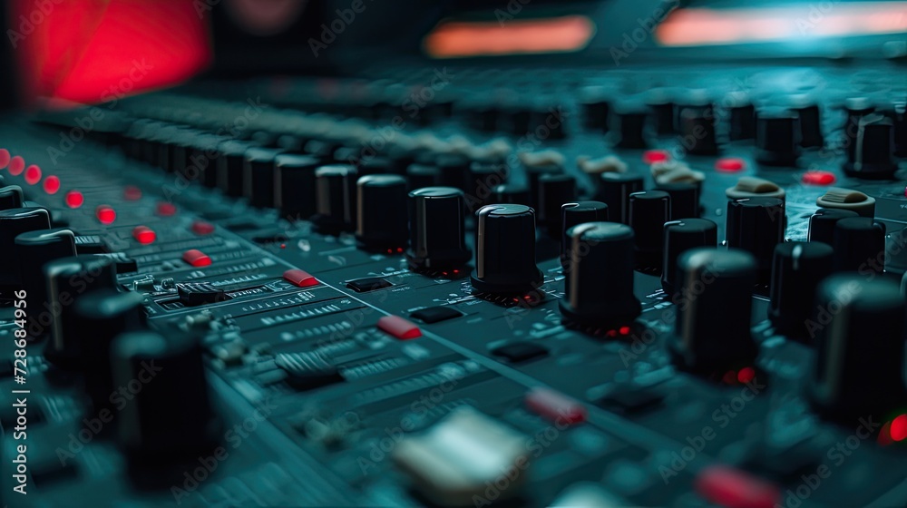 close up sound studio scene. Audio mixing console in a streaming, live broadcast, or recording session close up sound studio scene. Audio mixing console in a streaming, live broadcast, or recording session