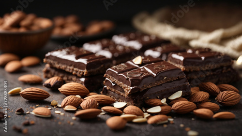 Indulgent Elegance  Close-up of Dark Chocolate Pieces with Almonds  