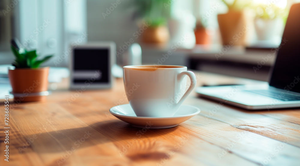 Background from cups of coffee or tea on the table in the office in the background with office worker Background from cups of coffee or tea on the table in the office in the background with office worker