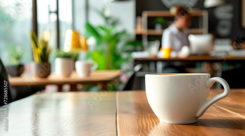 Background from cups of coffee or tea on the table in the office in the background with office worker